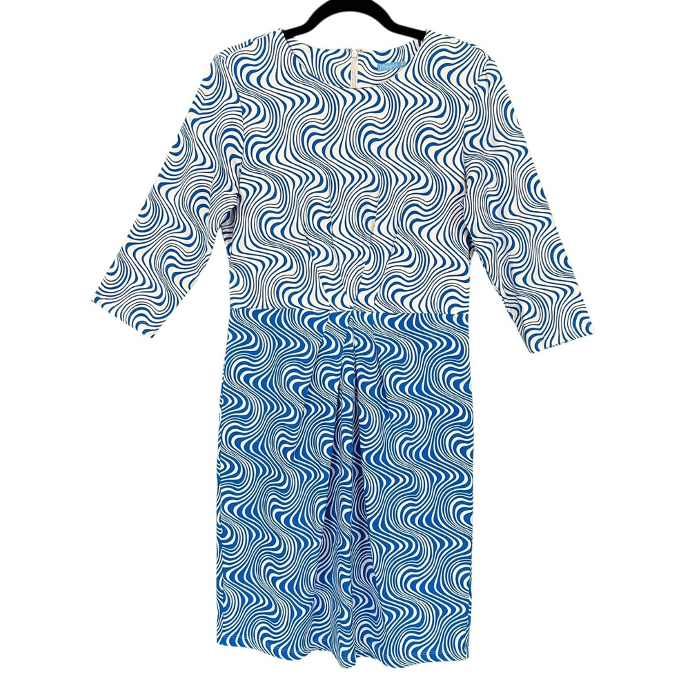 J. McLaughlin Mia Dress Catalina Cloth Oahu Waves Blue White‎ 3/4 Sleeve M